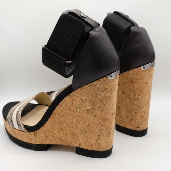 Jimmy Choo Neston Snake Cork Wedge Sandals 38.5 Black Snakeskin Leather - Picture 15 of 16
